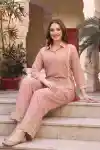 Soft Pink Three Piece Palazzo Set with Collared Top Layered Embroidery Panel and Coordinated Inner - CD-703