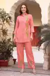 Designer Tomato Red Shirt Style Co Ord Set in Gajji Silk with Botanical Embroidery - CD-904