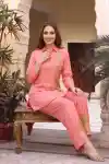 Designer Tomato Red Shirt Style Co Ord Set in Gajji Silk with Botanical Embroidery - CD-904
